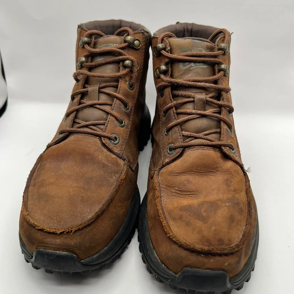 Skechers Boswell Relaxed Fit Mens Brown Leather Moc Toe Boots Steady Grip 9.5